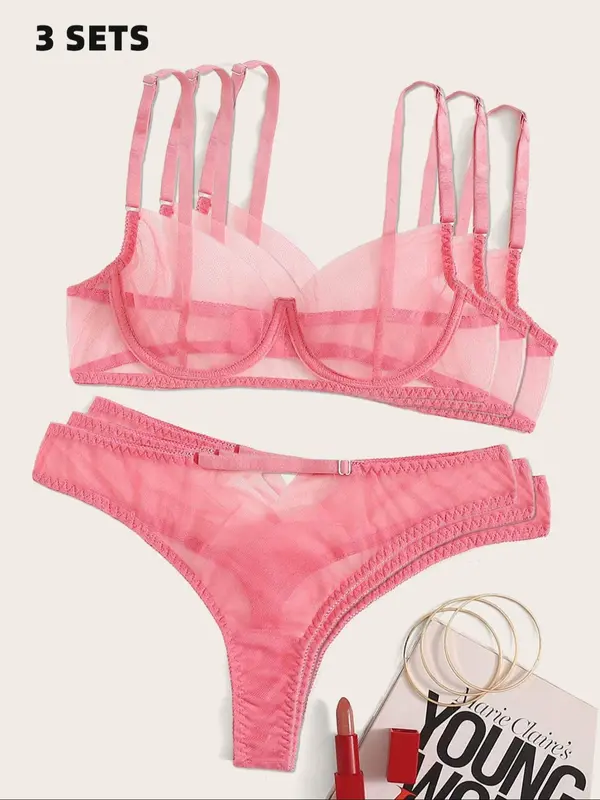 Women's Solid Color Underwire Bra & Panty Two-piece Set, Sexy Comfy Breathable Tulle Lingerie Set, Women's Underwear Set for All Seasons 4