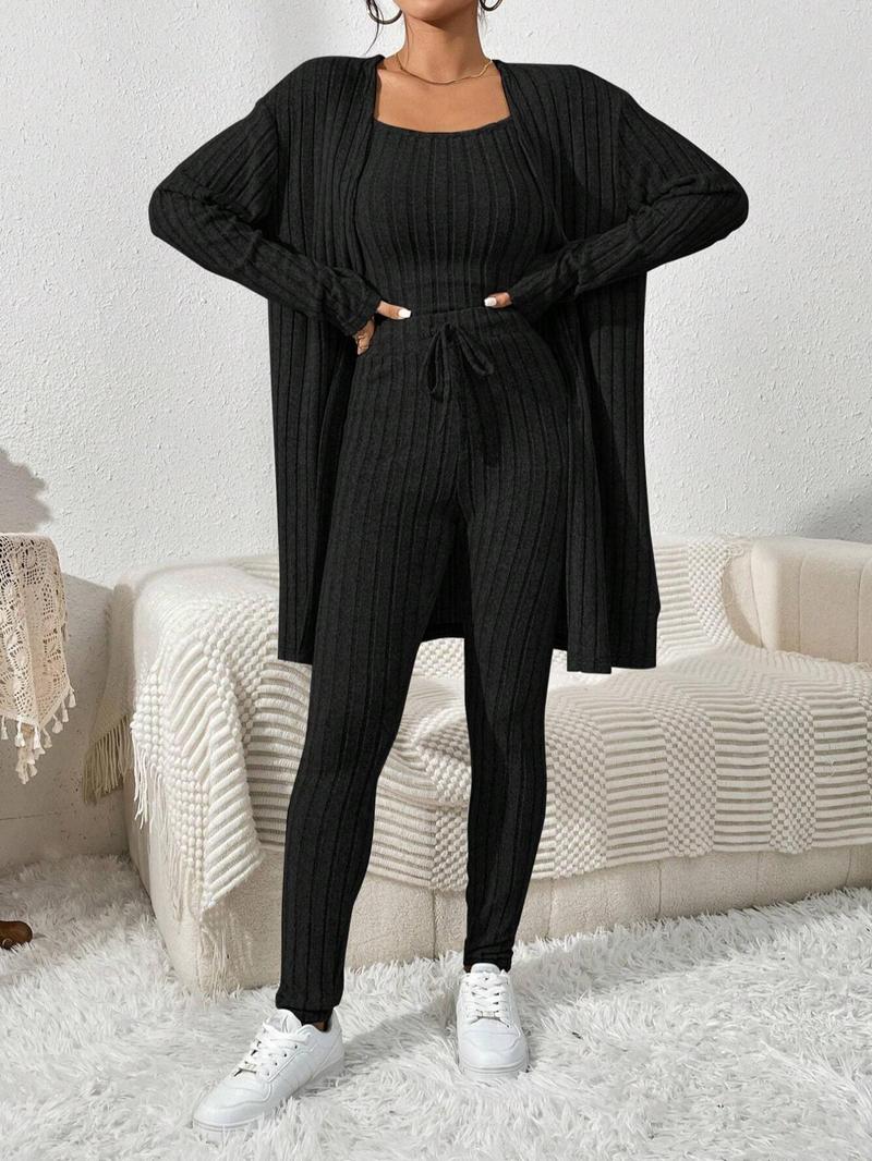 Product Introduction of 【Plus Size】 Three-Piece Set Solid Color Set, Casual Fashion Drop Shoulder Open Front Outerwear & Drawstring Waist Pants & Tank Top Set for Daily Outdoor Wear, Co-ord Sets, Women's Lounge Clothing for Fall & Winter 3