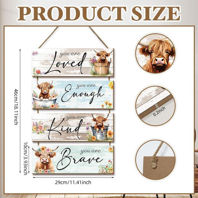 Product Introduction of Highland Cow & Flower & Letter Pattern Wooden Sign, 4 Counts/set Farmhouse Themed Wall Hanging Ornament, Wall Decor for Home Living Room Bedroom Kitchen 1
