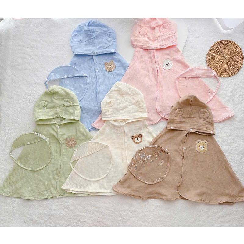 Áo Choàng Chống Nắng Kèm Kính Chắn Gió, Bụi Cho Bé Vải Xô Muslin Thoáng Mát Size 3-14kg (NỀN MÀU 2025)