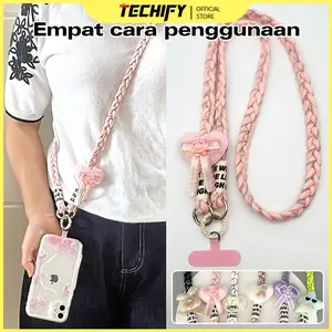 Lanyard Ponsel Crossbody Universal dengan Tas Penyimpanan Portabel Panjang Datar Berwarna-warni Desain Kait Bergaya Lucu Empat Cara Penggunaan