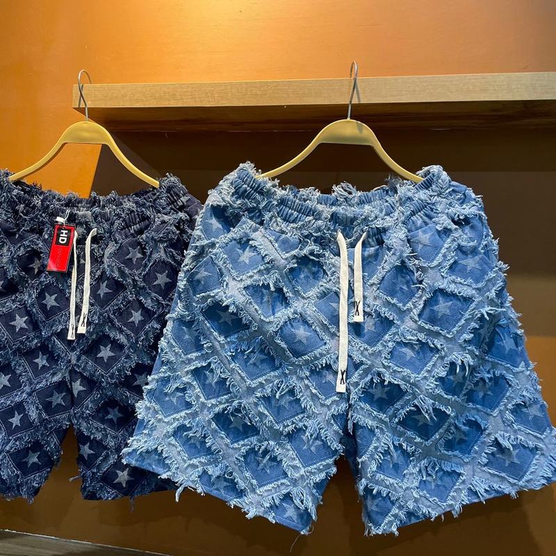  Quần Short Nam vải bò mềm hoạ tiết ngôi sao xanh quần đùi nam Menswear Quần cạp chun cạp cao ống rộng 