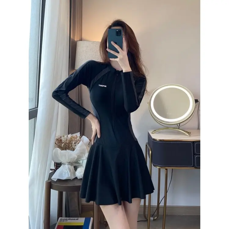 Sports Swimsuit Women Summer 2023 New Style One-Piece Skirt Boxer Cover Belly Slimmer Look Long-Sleeved Swimming Police Dedic