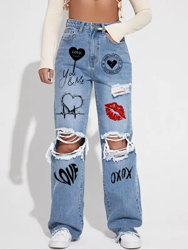 Women's Ripped Jeans, Casual Comfy Button Pocket Denim Trousers for Summer, Fashion Women's Bottoms for Daily Wear 2