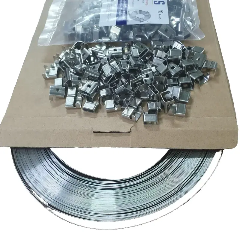 Đai inox bản rộng 10mm dầy 0.4mm dạng cuộn kết hợp với đầu khóa đai