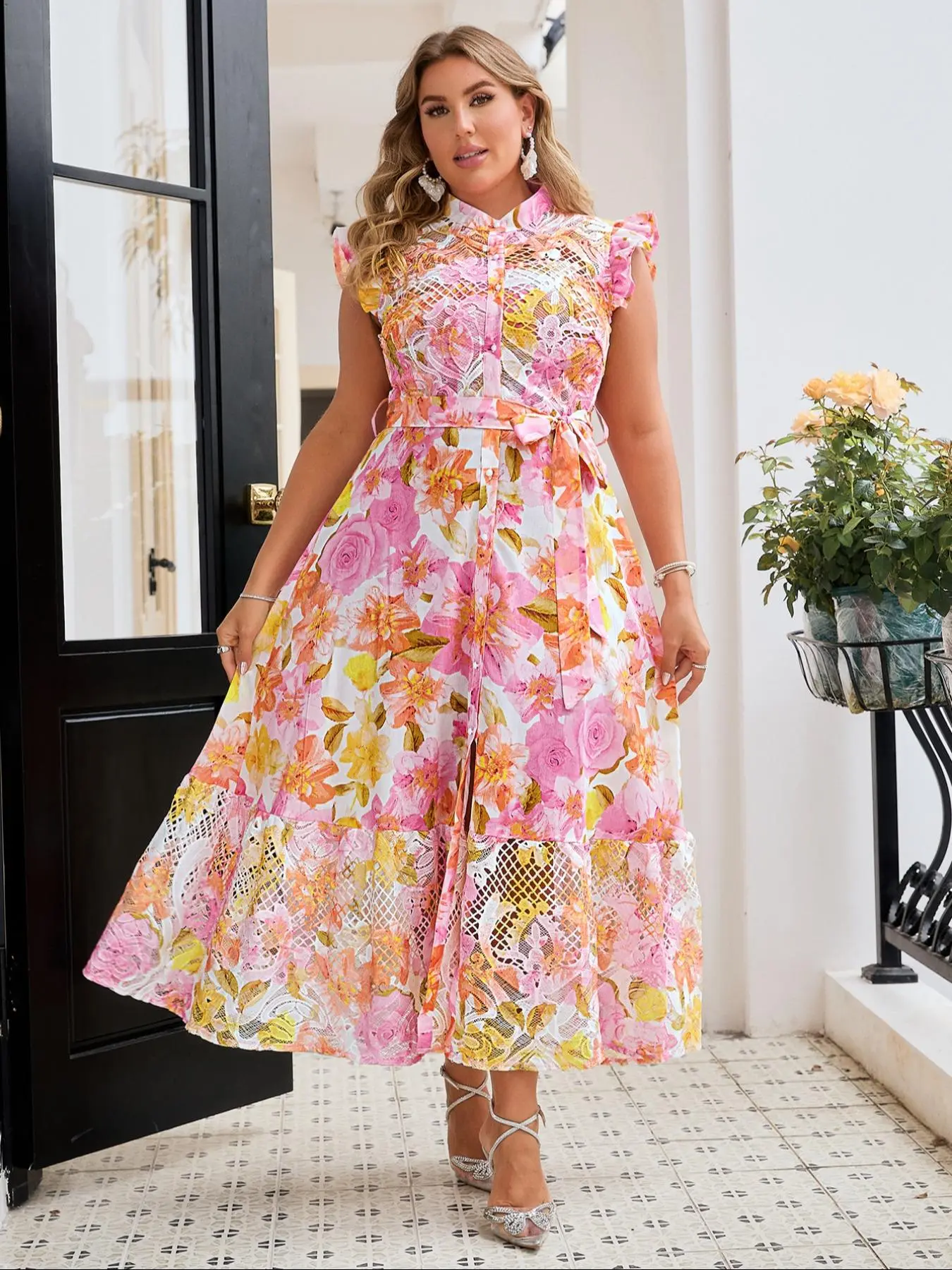 【Plus Size】 Floral Print Belted Dress, Plus Boho Fashion Casual Dress for Daily Holiday Vacation Wear, Women Plus Clothing for Spring & Fall