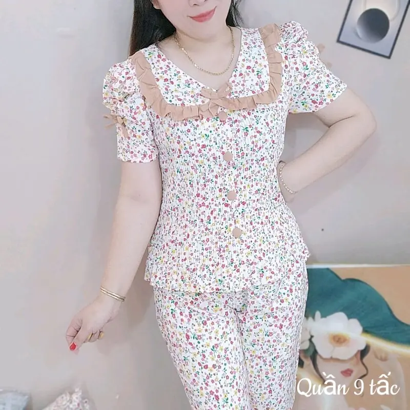 (M6Quần 8 tấc)Đồ bộ nữ áo dập ly tay búp phồng vải lụa hàn nhiều họa tiết Voi ngủ thư tiểu pizamanu 4