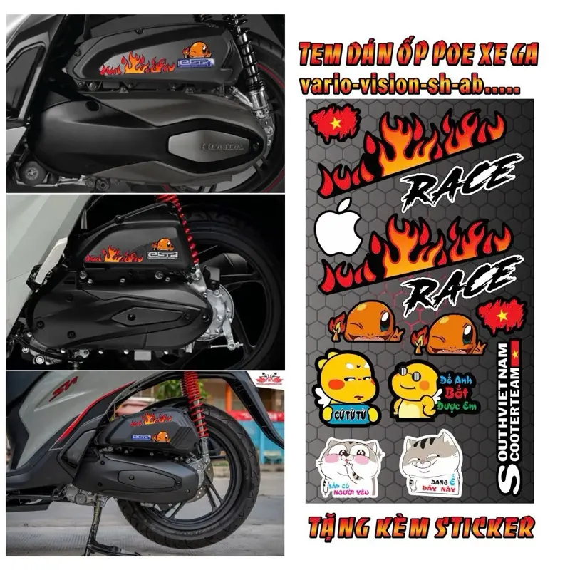 Mẫu sticker dán trang trí ốp pô e xe ga - tặng kèm sticker chữ hình dán ngỗ nghĩnh