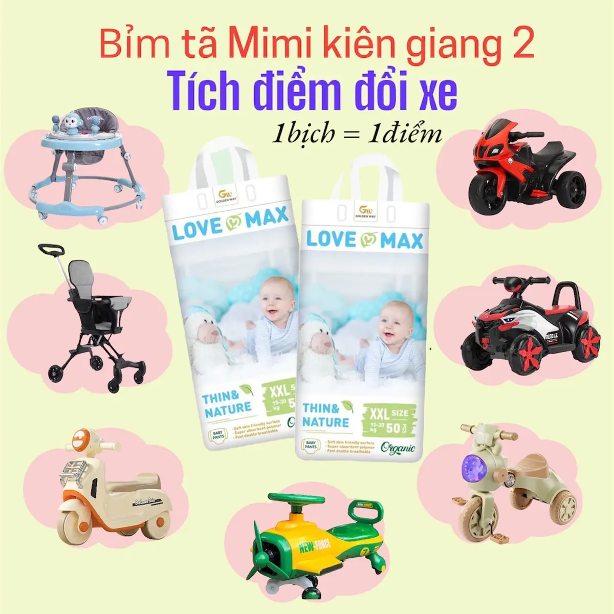 [ LOVE MAX TÍCH ĐIỂM] 1bịch bỉm Love Max organic 50miếng đủ size cho bé M-5XL Voi