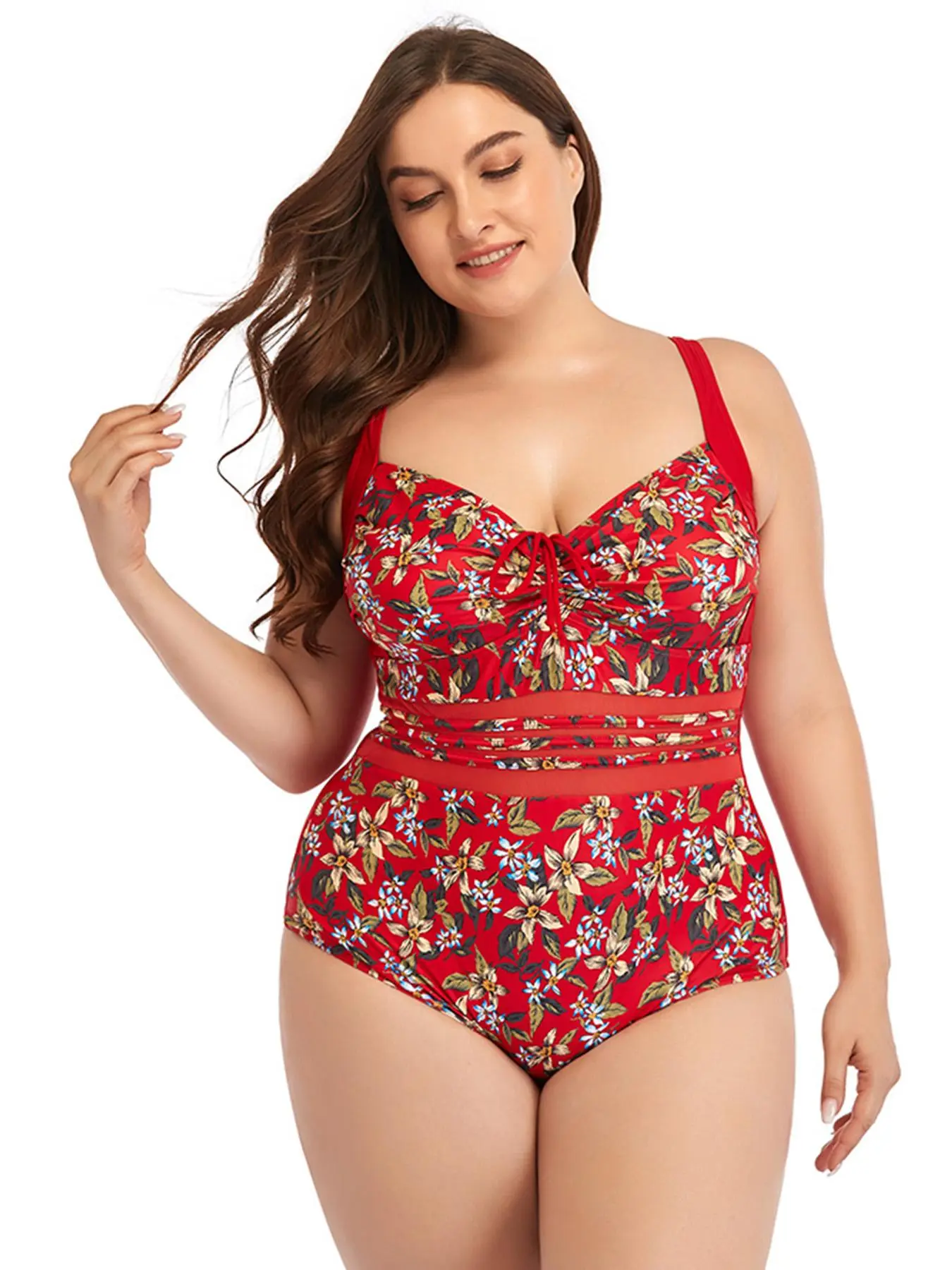 【plus Size】 Floral Print Contrast Mesh Cut Out Knot  One-piece Swimsuit, Adjustable Strap Drawstring Swimwear for Summer, Women's Swimsuit for Beach Holiday Vacation