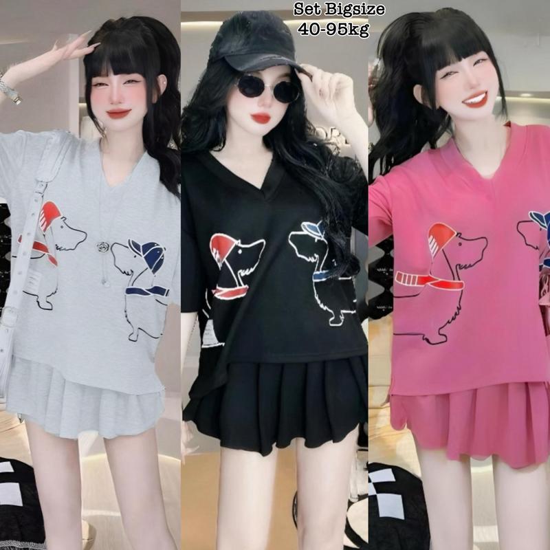 Thời Trang Bigsize - Set Bộ Váy Bigsize Thun Tăm Cổ Tim in 5D Hot Hit Nữ Cao Cấp Xinh Đẹp Sang Trọng Giá Rẻ 45-95kg 2216 Nhung Kem Voi Women Đen - 2216