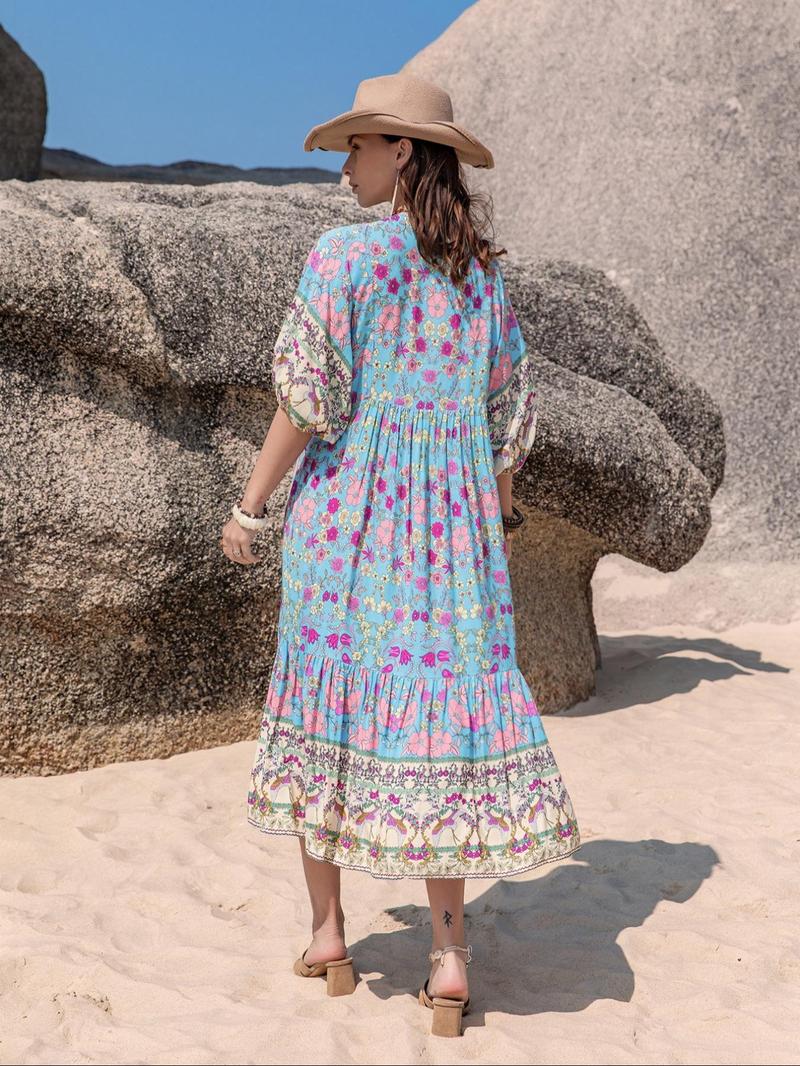 Product Introduction of Women's Floral Print V Neck Dress, Boho Fashion Half Sleeve Dress for Beach Holiday Vacation, Ladies Dress for Summer 2