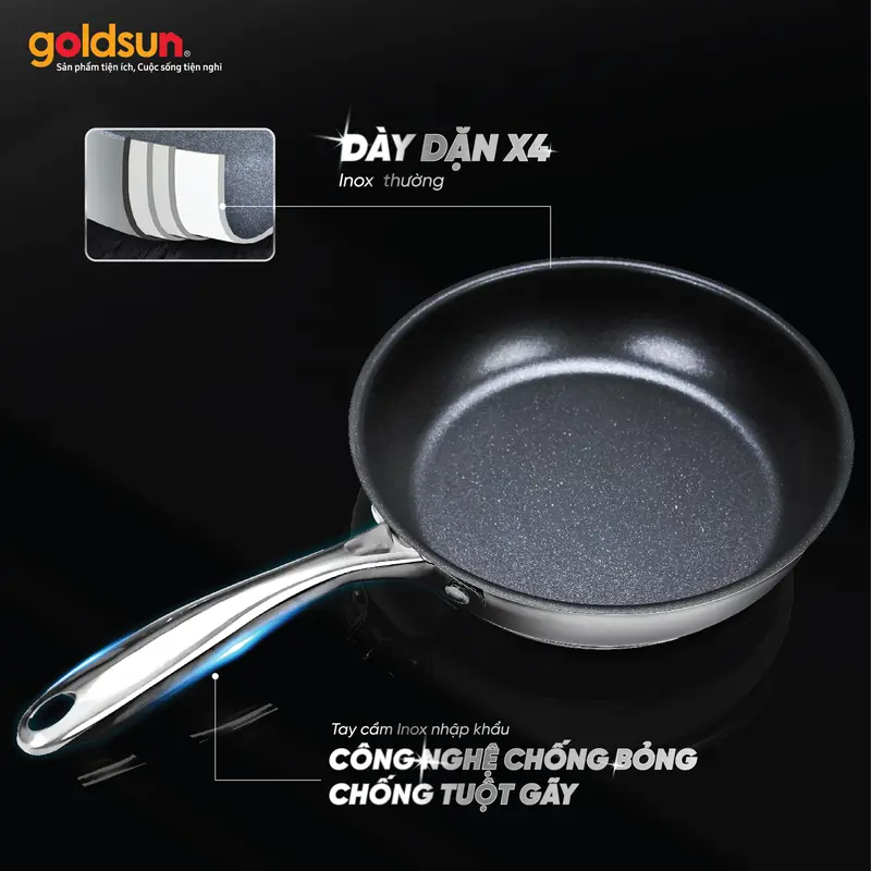 Chảo inox chống dính Titanium Goldsun GPA1451 đáy từ 5 lớp sử dụng trên mọi loại bếp 6