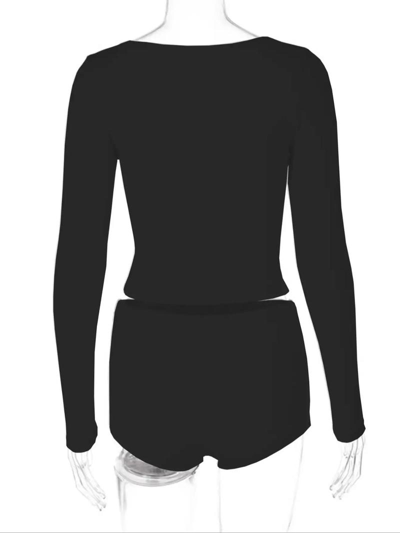 Product Introduction of Women's Solid Button Front Crop Tee & Elastic Waist Shorts Set, Casual Long Sleeve V Neck Top & Shorts Two Piece Set For Daily Wear, Ladies Clothes For All Seasons 4