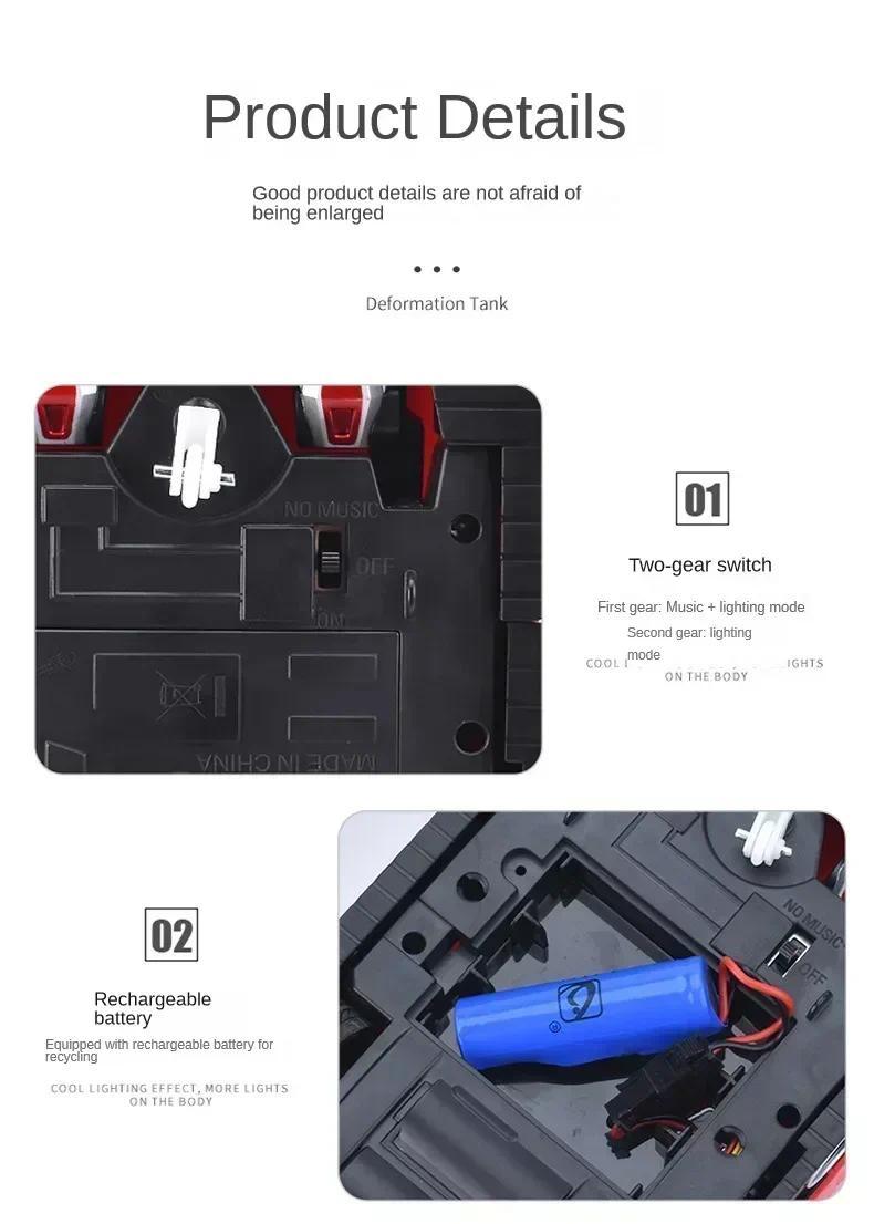 Product Introduction of Hot Remote Control Electric Deformation Tank Robot Transformers Tank Light Music Charging Toy Car Gifts New 10