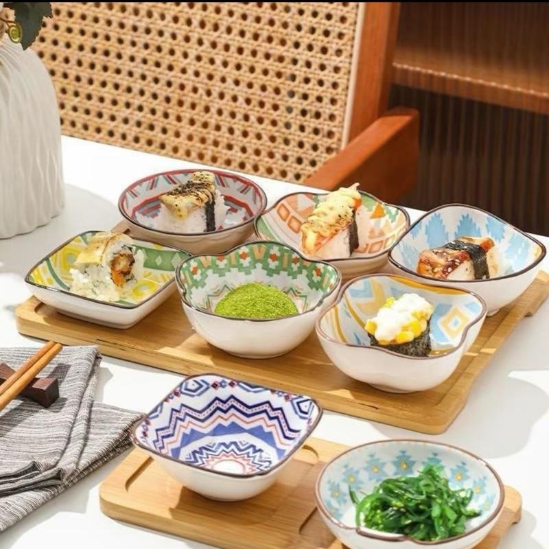 Bộ 06 chén đựng gia vị nước chấm hoạ tiết xinh đẹp, phong cách Nhật Bản, gốm sứ bóng loáng