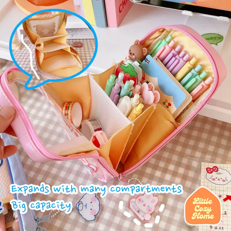 Cutie Jumbo Transparent Pencil Case / Korean Style Kotak Tempat Pensil Besar Dengan Resleting / Muat Banyak / Big Capacity With Zipper Blue Brown 2