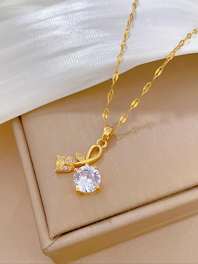 Product Introduction of Artificial Zircon Rose Design Pendant Necklace, Elegant Charm Necklace for Women for Party, Daily, Trendy All-match Jewelry for Birthday Gift 3