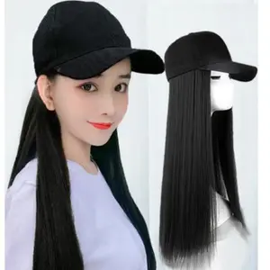 Wig wanita rambut panjang jaring wig merah dengan topi terintegrasi wanita rambut lurus panjang musim panas fashion cute cap