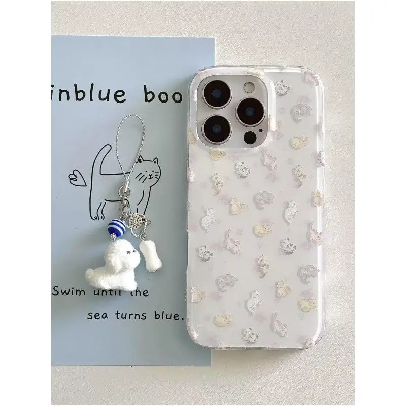 Purple flowered kitten suitable for Apple 16 15 14 13 12 X 7 8 phone case, white transparent IMD large hole