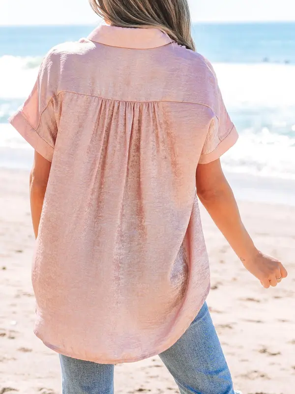 Women's Metallic Button Shirt, Elegant Curved Hem Short Sleeve Top for Spring & Fall, Ladies Clothes for Daily Wear 1