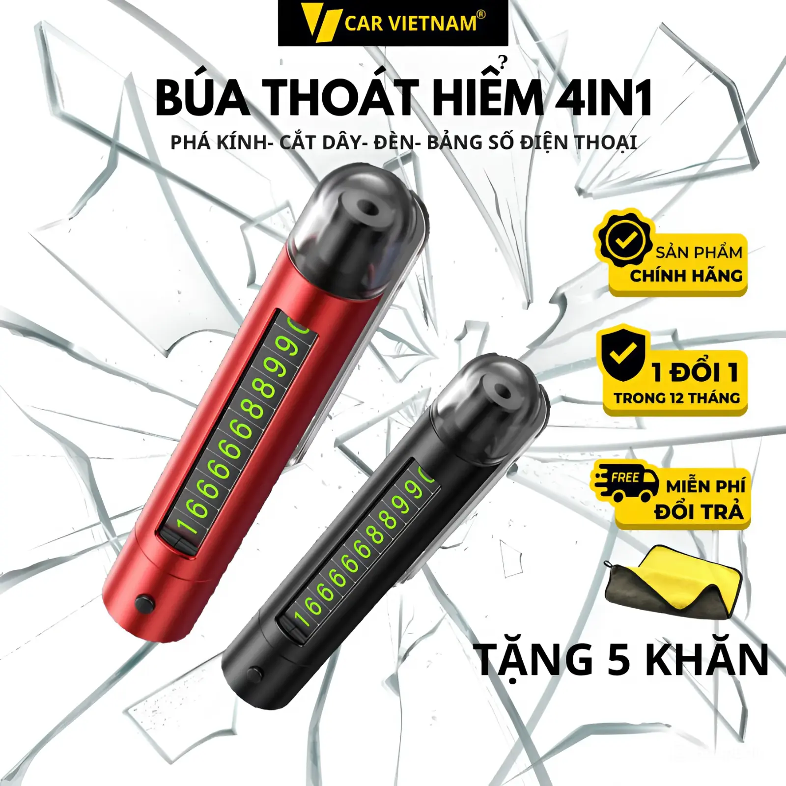 Búa Thoát Hiểm ô tô 4in1 Car VietNam, Kiêm Bảng Số Điện Thoại, Đèn Chiếu Sáng , Nhỏ Gọn Đa Chức Năng