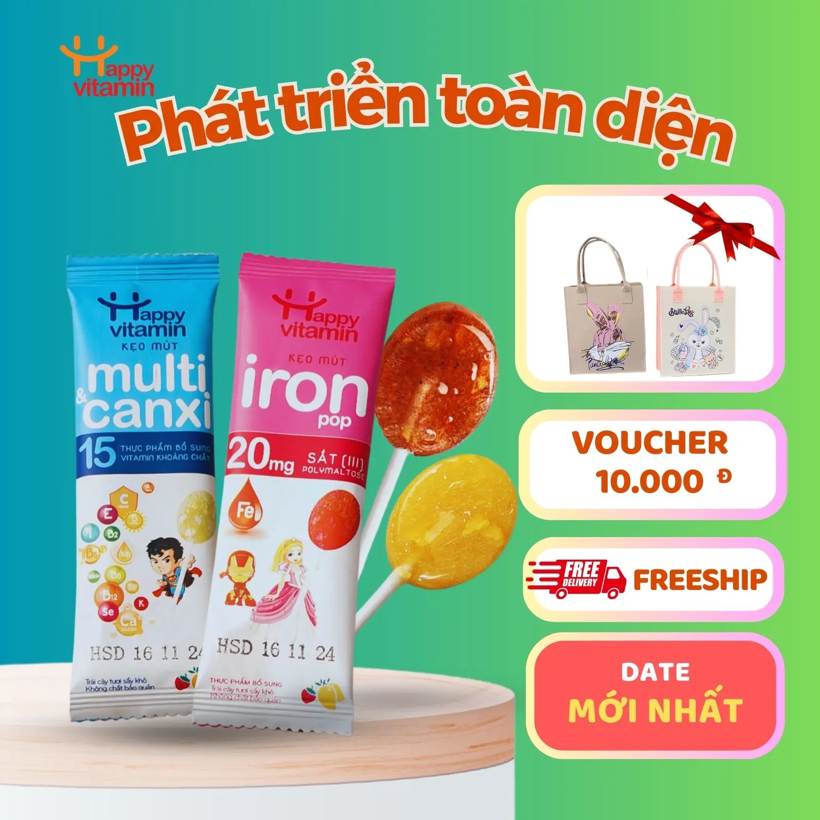 Happy Vitamin - Kẹo mút bổ sung sắt hữu cơ và 15 vitamin, Canxi cho bé từ trên 1 tuổi Men Vi Sinh biogaia max d3