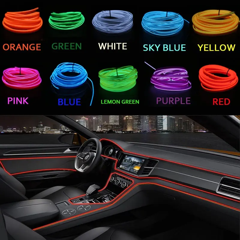 Đèn khí quyển, dây đèn lạnh EL, với USB, trang trí tự làm, cho bảng điều khiển điều Khiển ô tô, bảng điều khiển, đèn Xung Quanh LED tự động, chiều dài 1m, 2m, 3m, 5m, phụ kiện nội thất ô tô 1