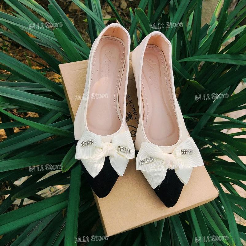 Giày búp bê nữ phối màu da mềm Nơ Be M.IN gót 2p ( Phom 1.5 chân gày giảm 1 size )