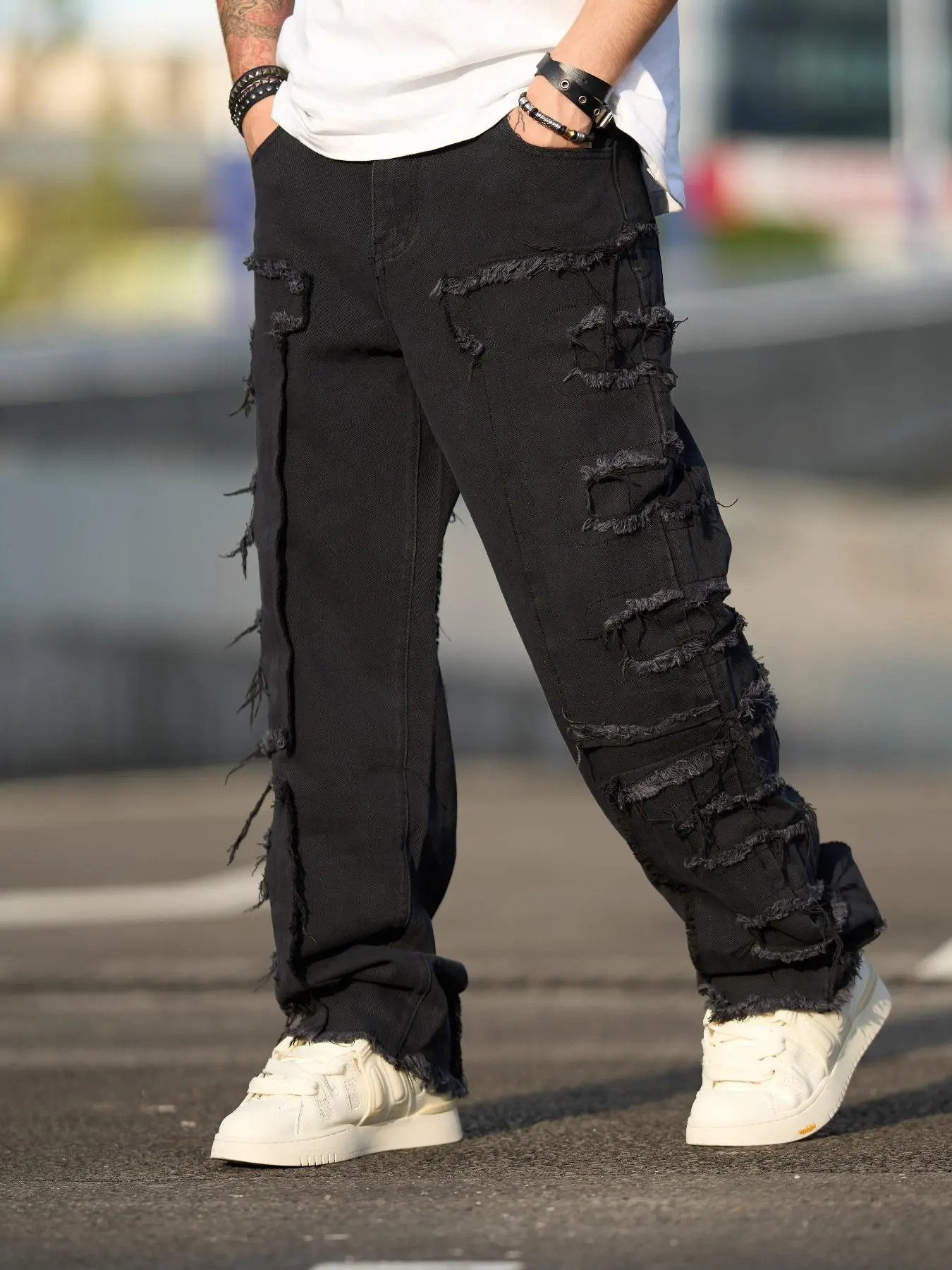 Men's Solid Ripped Jeans, Loose Casual Comfy Denim Trousers for Daily Wear, Fashion Men's Bottoms for All Seasons, Cotton