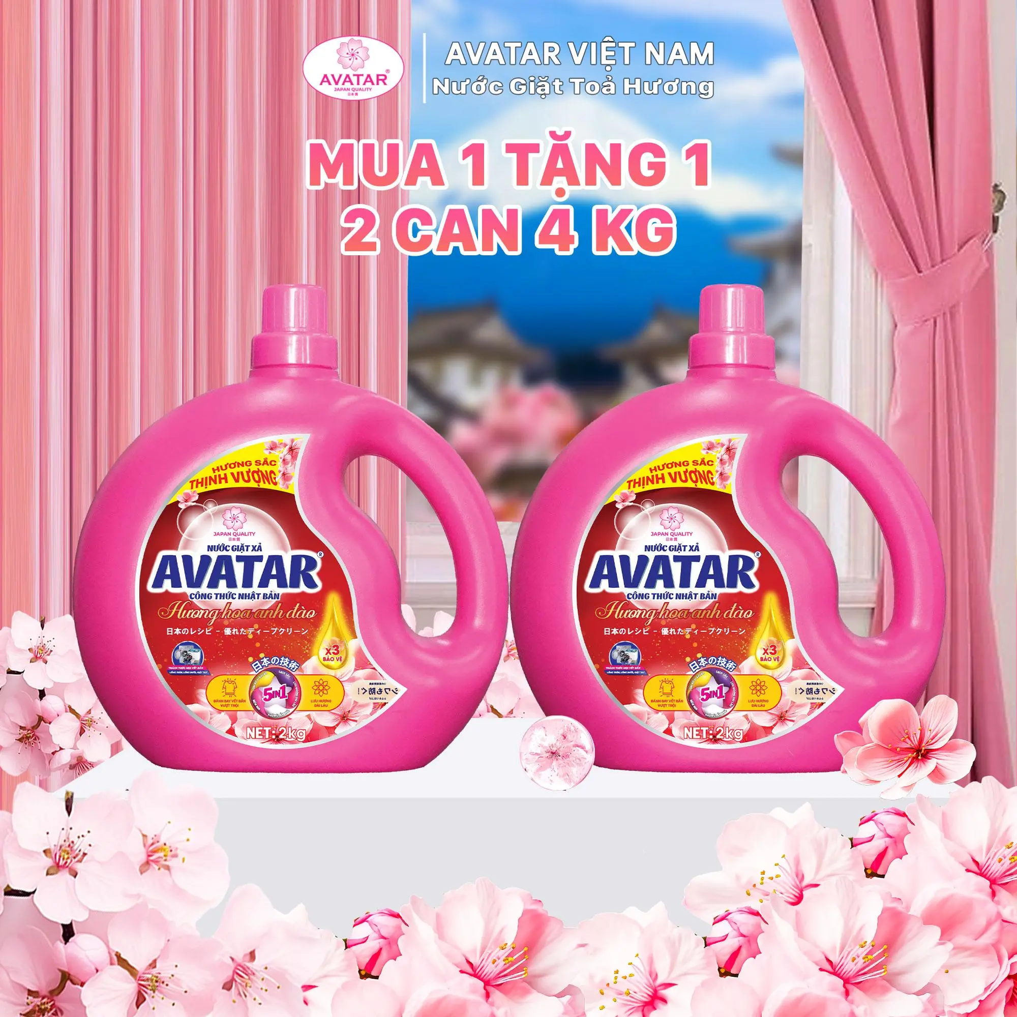 [MUA 1 TẶNG 1] Nước Giặt Xả Avatar Hương Hoa Anh Đào Làm Sạch Sâu Hiệu Quả, Lưu Hương Lâu, Diệu Nhẹ, An Toàn Cho Da, Bền Màu 2kg/can nước  giặt