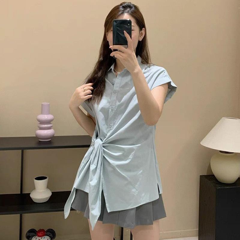 Áo sơ mi cộc tay kiểu buộc vạt sườn chất thô mềm SUMIISHOP mã SM07 Nữ Women