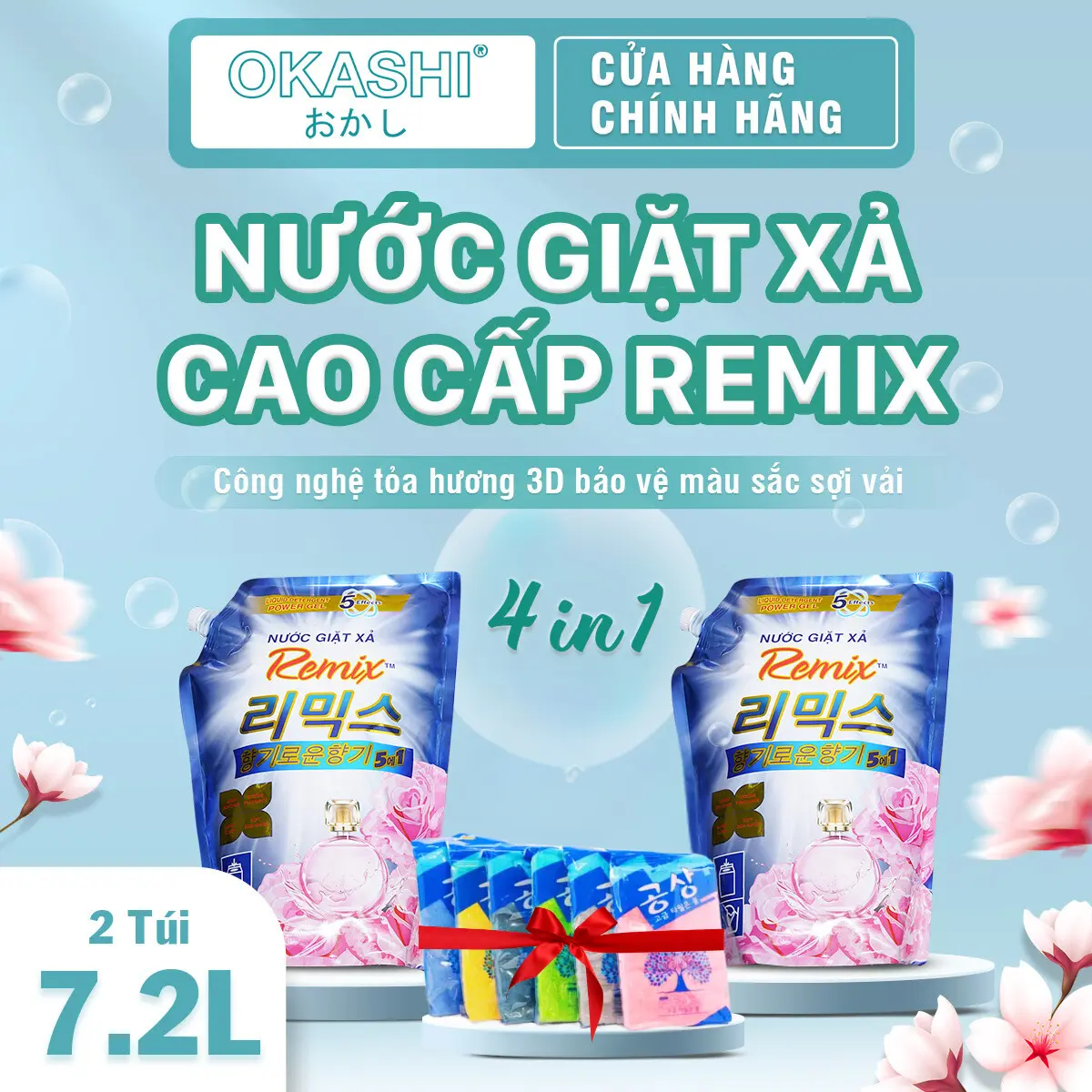 [Tặng Khăn Mặt Sợi Tre Cao Cấp ] Combo 2 Túi  Nước Giặt Xả 5 in 1 Cao Cấp REMIX Làm Sạch, đánh banh các vết bẩn cứng đầu, diệt khuẩn, bảo vệ màu sắc sợi vải - lưu hương nước hoa trong nhiều giờ nước giặt
