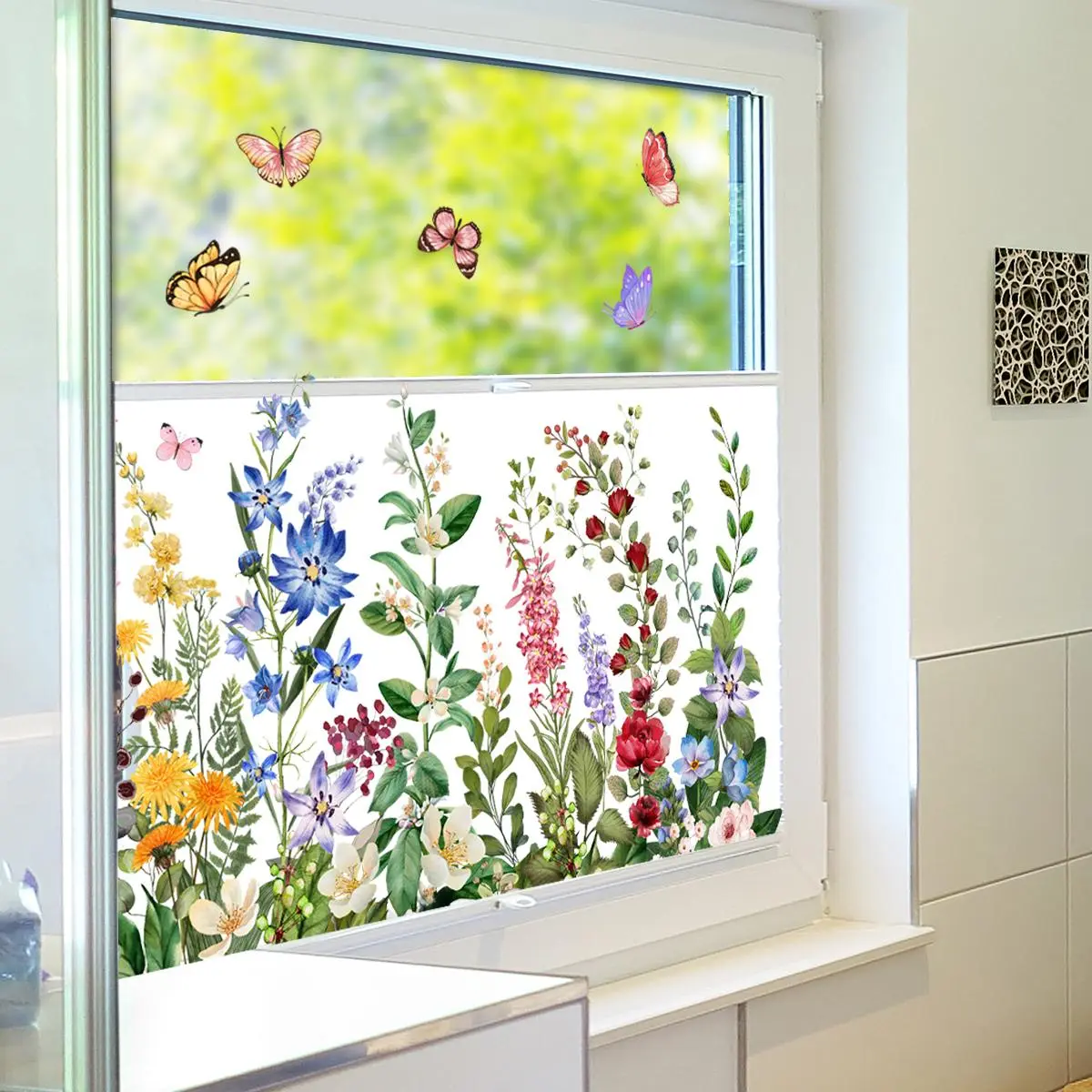 Flower Pattern Double Sided Window Sticker, 2 Sheets Colorful Butterfly Flower Window Decal, Decorative Sticker for Home Kitchen Living Room Bedroom, Decoration, Design