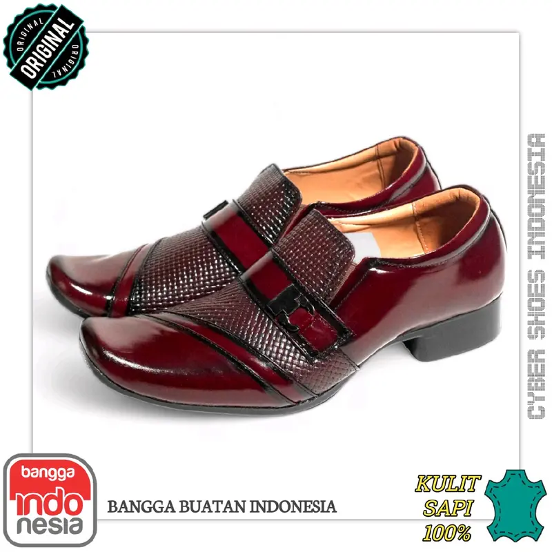 Pantopel Pria Hak 1-3 cm Oxford Kilap Kasual Pesta Maroon Asli Kulit Sapi MRP - 06 TIGER Shoes Pantofel Hitam Kerja 0