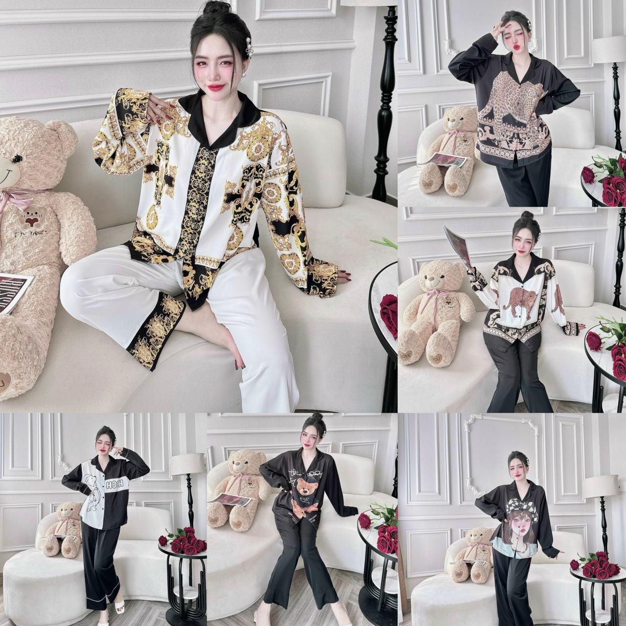 Đồ Bộ Pijama Bigsize Tay Dài Quần Dài in 5D Vải Lụa Măng Gồ 55-100kg Nữ Women Quần Ngủ - A.5609