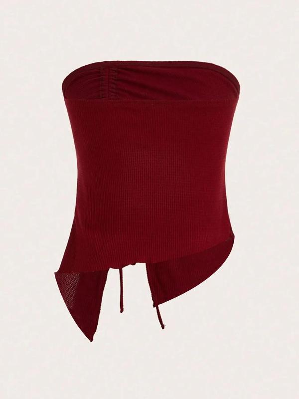 Summer Women's Solid Asymmetrical Split Hem Ruched Drawstring Tube Top, Comfort Summer Clothes, Casual Lettuce Trim Strapless Waffle Knit Top for Summer, Ladies Clothes for Daily Wear, Womenswear 1