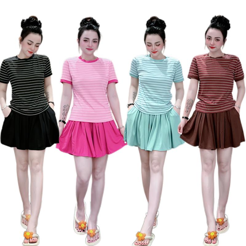 Set đồ quần đùi ống xòe xếp li thun gân mặc nhà, dễ thương, phù hợp cho mọi hoạt động Nữ Top