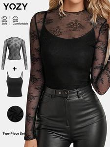 YOZY Women's Solid Sheer Lace Top & Cami Top Two-piece Set, Casual Fashion Two Piece Set for Daily Outdoor Wear, Women Clothes for Spring