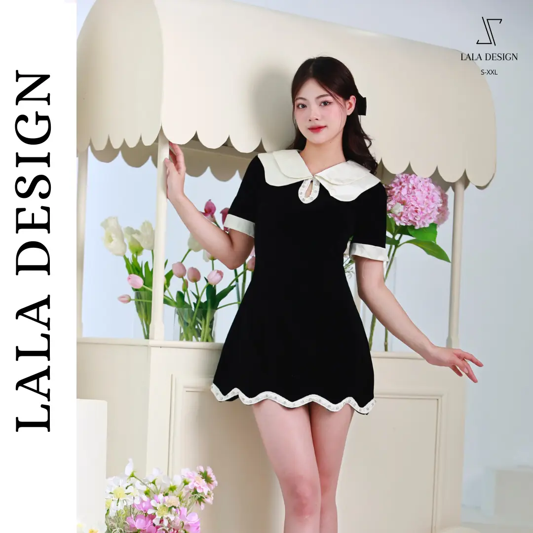 [S-XXL] Váy nhung đen nữ tiểu thư dáng chữ A phối cổ lụa và viền đá - Đầm dự tiệc tiểu thư sang chảnh VAA21 [LALA DESIGN] Dress