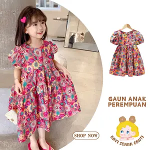 COD Gaun Anak Perempuan Imut dengan Motif Bunga Warna - Warni, Lengan Balon, Ideal untuk Musim Panas