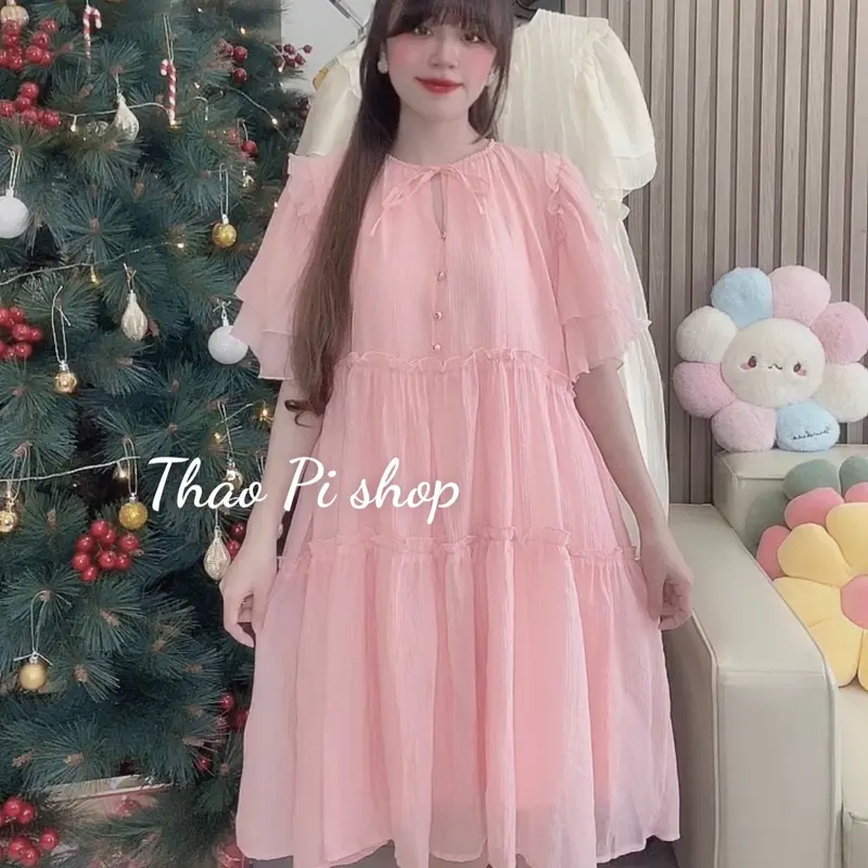 Đầm babydoll Nữ dáng suông rộng tay phồng phối nút siêu đẹp - M8 1