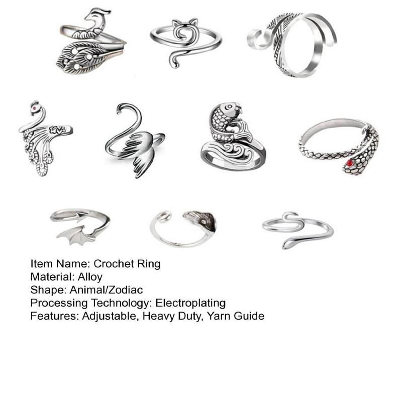 Segiyi Crochet Open Ring Adjustable Crochet Ring Adjustable Peacock Cat Fish Snake Swan Crochet Ring Set 10pcs Knitting Tension Open Rings for Crocheting Crafts Tool Accessories 2