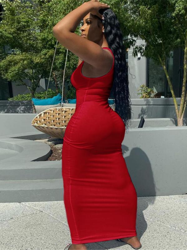Women's Plain Ripped Notched Neck Bodycon Dress, Casual Sleeveless Long Dress for Summer, Ladies Clothes for Nightclub Party Daily Wear 1