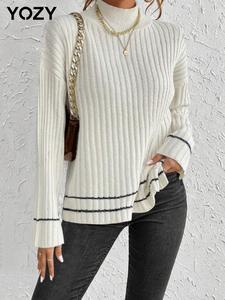 YOZY Women's Striped Print Drop Shoulder Sweater, Casual Long Sleeve Mock Neck Jumper for Fall & Winter, Fashion Ladies' Knitwear for Daily Wear