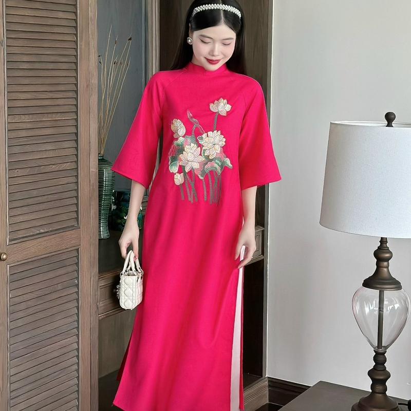 [Tiệm nhà Mây-M001] Áo dài Nhã Linh chất linen thêu hoa, quần Ngọc trai 4