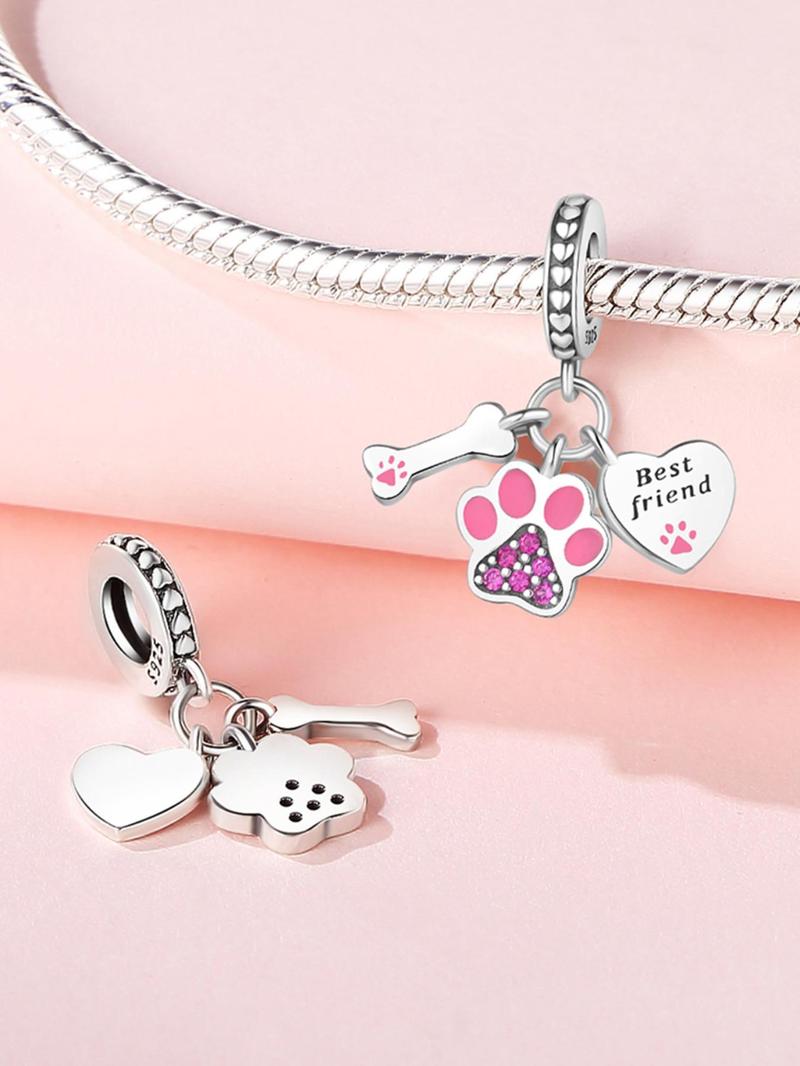 Product Introduction of 925 Sterling Silver Cute Paw Design Heart Charm, Paw Design Heart Charm for DIY Bracelet & Necklace, Fashion Jewelry Accessories for Women & Girls 2