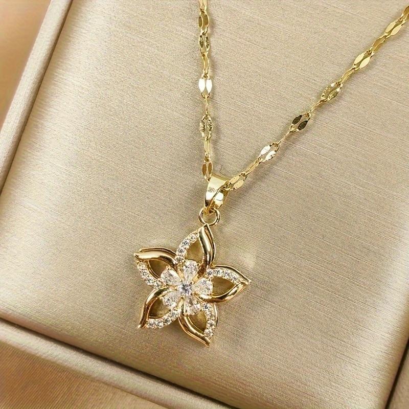 Product Introduction of 1pc Golden Stainless Steel Rotating Hollow Flower Pendant Necklace, Men's Retro Versatile Necklace, For Daily Party Wear, father's day gift 0