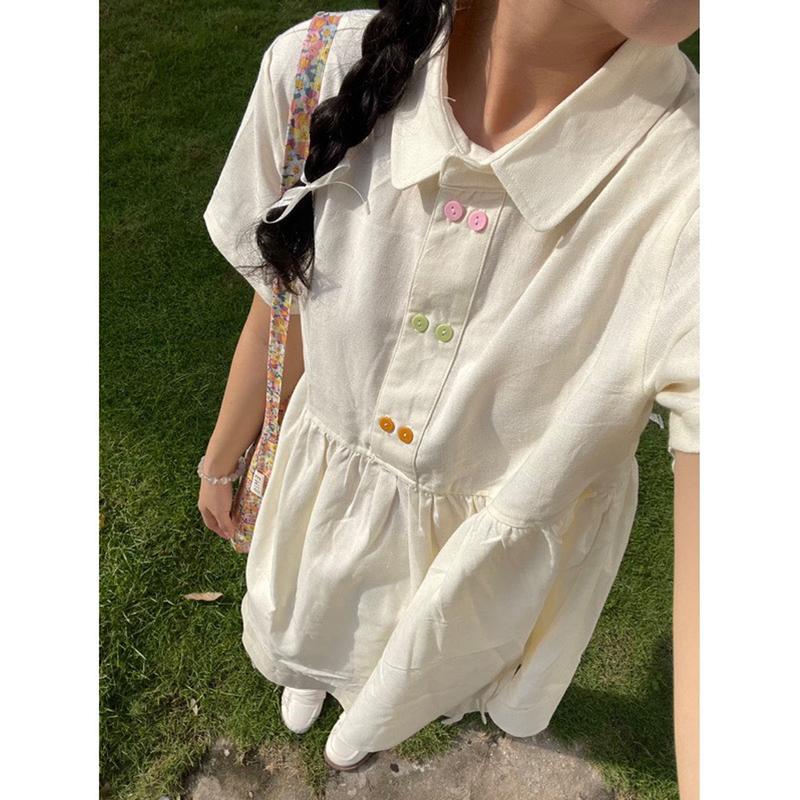 Áo sơ mi kiểu babydoll HACHI Top phối khuy màu pastel dễ thương Nữ Shirt Women Kem Trắng