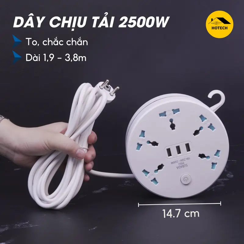 Ổ Điện Đa Năng Dây Rút Chống Giật An Toàn Hotech Chịu Tải 2500W 3 Cổng Usb Tiện Lợi Dây Dài 1,9 - 3,8M Quấn Gọn OD18H 3